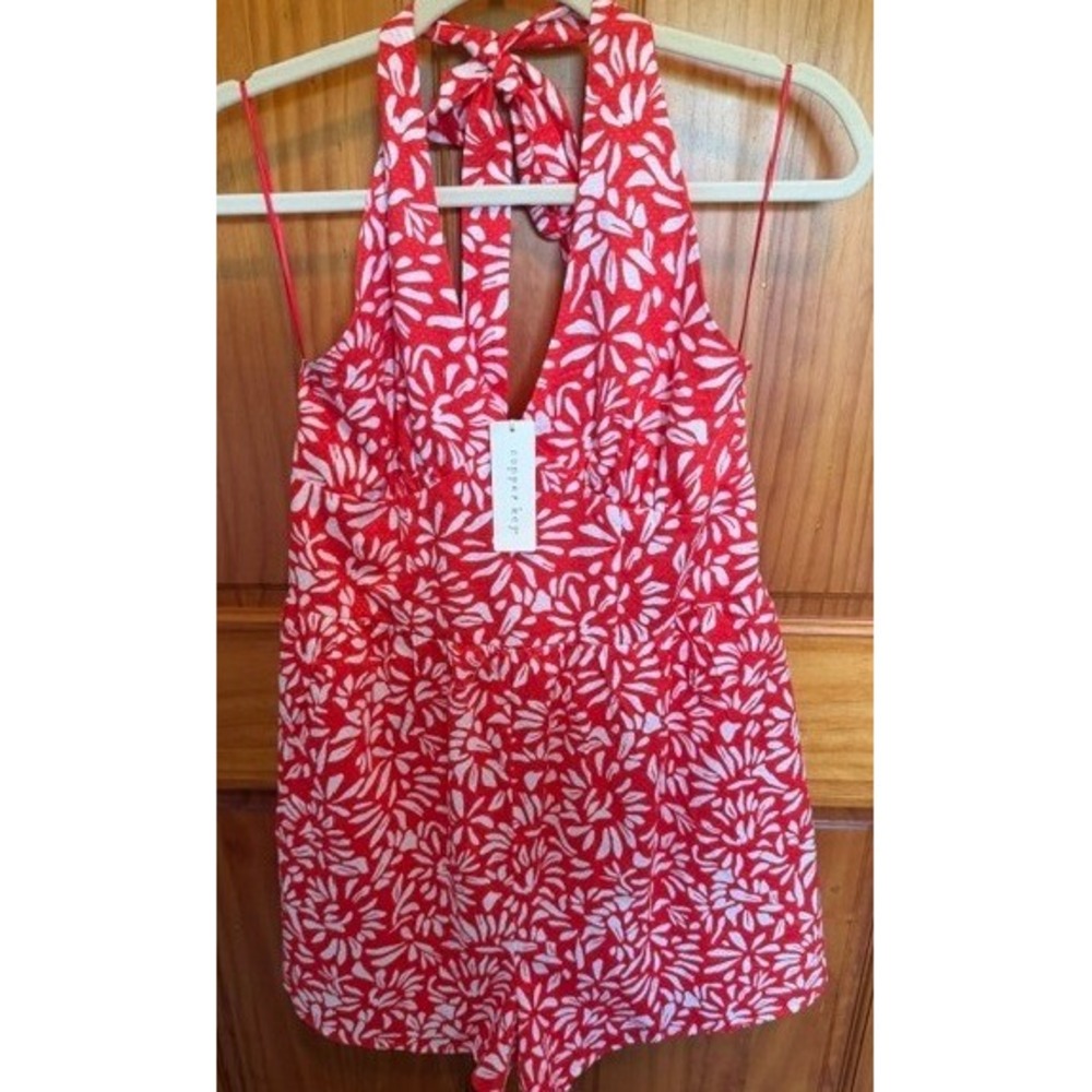 Copper Key Women Red White Floral Halter Romper Smocked Back Size Large‎ NWT